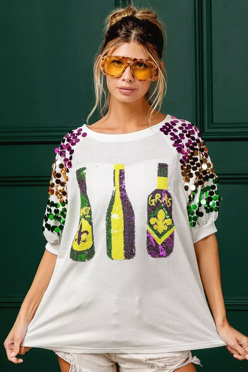 BiBi Sequin Mardi Gras Bottles Spangled Sleeve Top - Trendsi - Flyclothing LLC