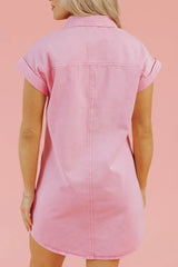 Button Down Short Sleeve Denim Dress - Trendsi - Flyclothing LLC