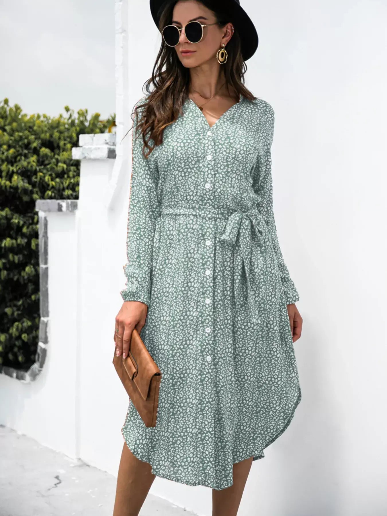 Button Down Printed Long Sleeve Shirt Dress - Trendsi - Flyclothing LLC