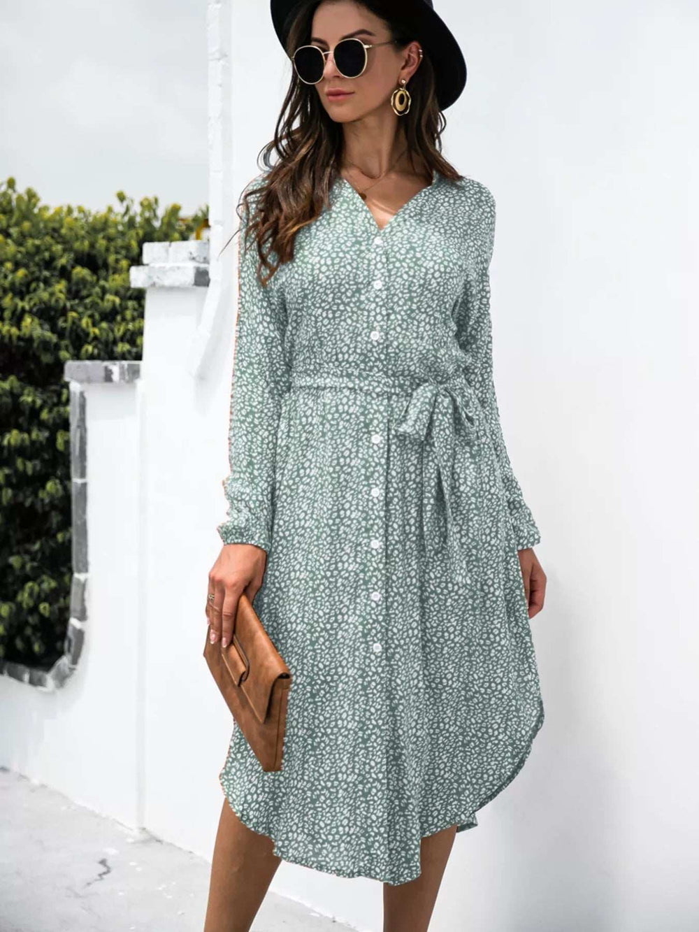 Button Down Printed Long Sleeve Shirt Dress - Trendsi - Flyclothing LLC