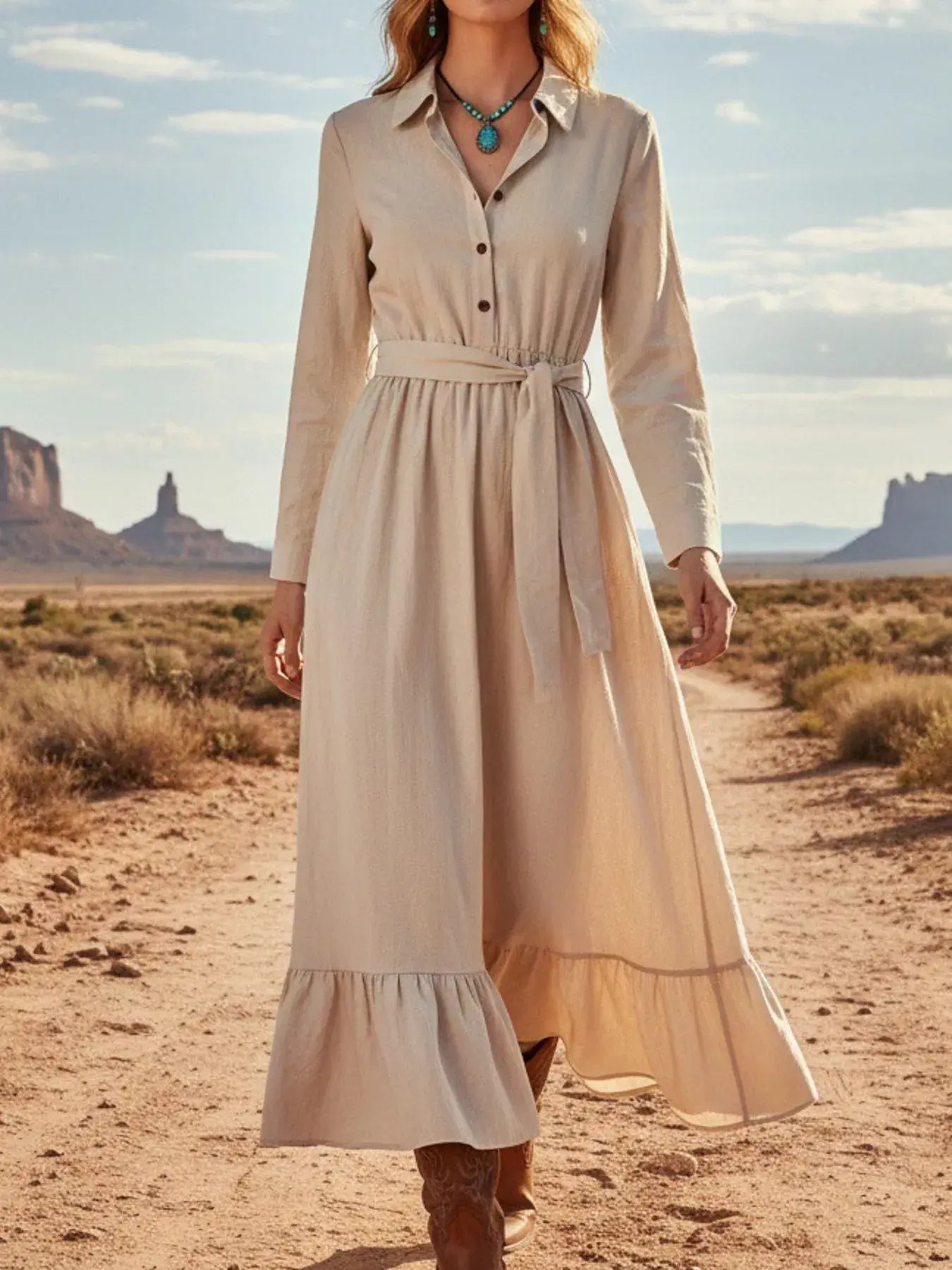 Tie Waist Long Sleeve Ruffled Hem Dress - Trendsi - Flyclothing LLC