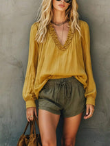 Frill V-Neck Long Sleeve Blouse - Trendsi - Flyclothing LLC