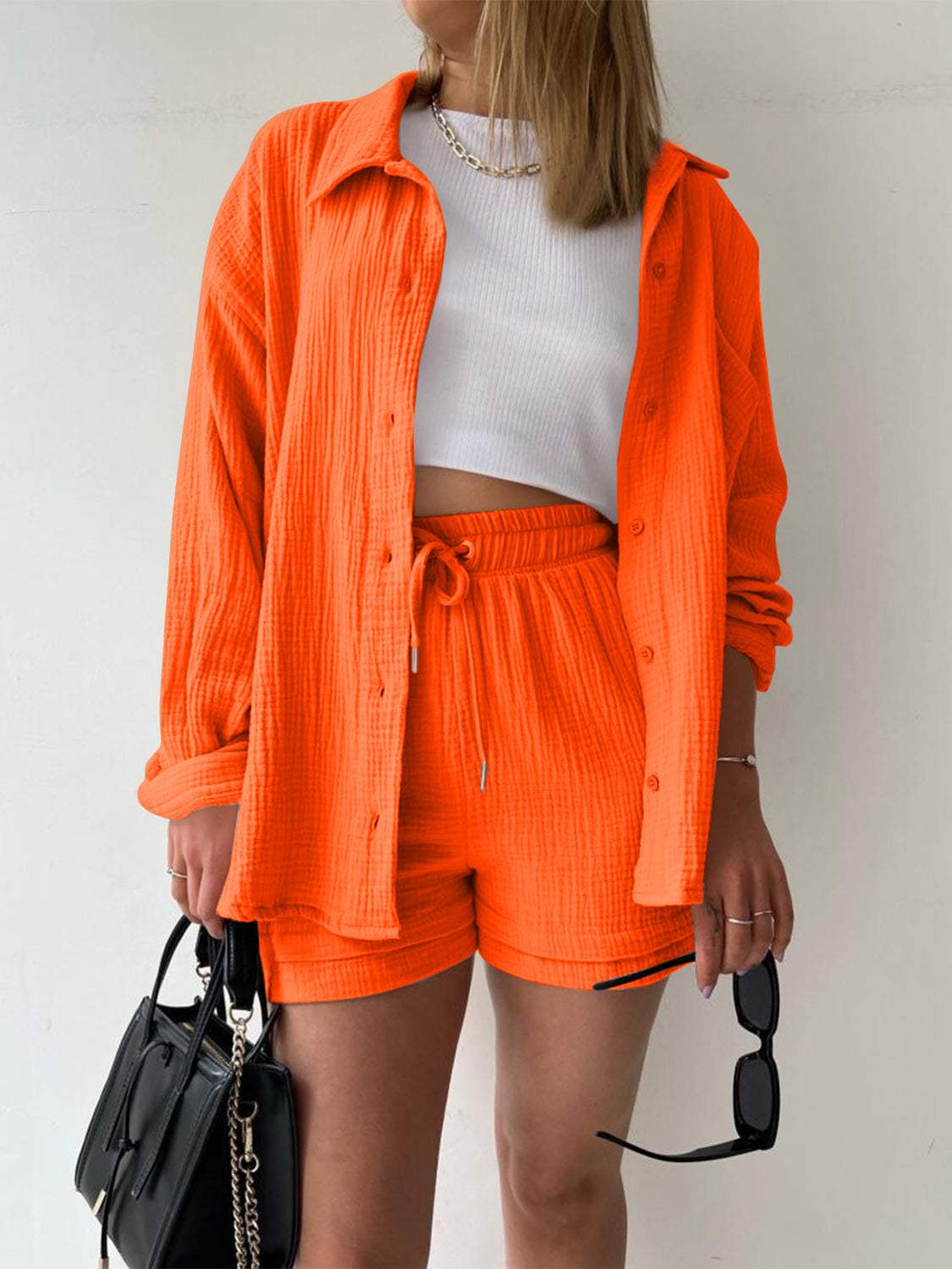 Texture Button Up Shirt and Drawstring Shorts Set - Trendsi - Flyclothing LLC