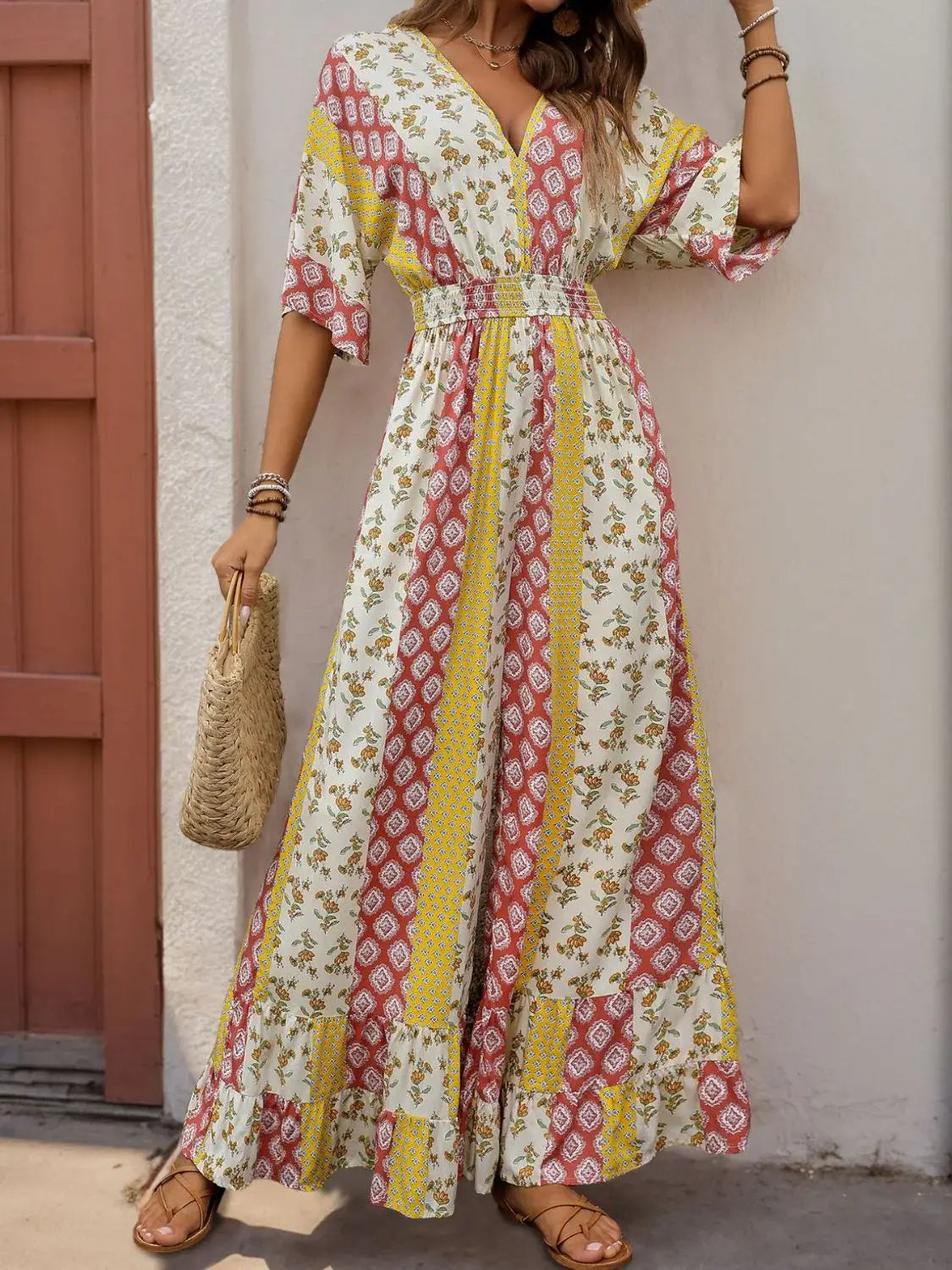 Perfee Ruffled Hem Printed V-Neck Jumpsuit - Trendsi - Flyclothing LLC