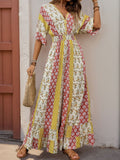 Perfee Ruffled Hem Printed V-Neck Jumpsuit - Trendsi