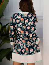 Floral Print Striped Trim V Neck Long Sleeve Ruffle Hem Shift Mini Dress - Trendsi - Flyclothing LLC