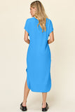 Double Take Full Size Round Neck Short Sleeve Slit Dress - Trendsi