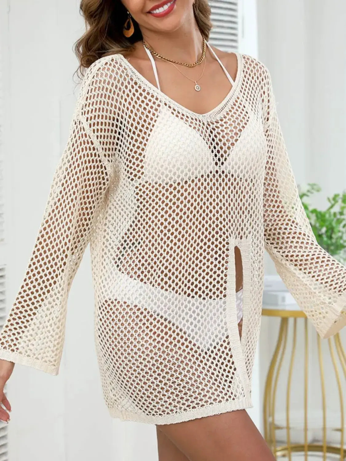 Openwork V-Neck Slit Cover-Up - Trendsi - Flyclothing LLC
