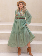 Plus Size Tassel Printed Tie Neck Long Sleeve Midi Dress - Trendsi