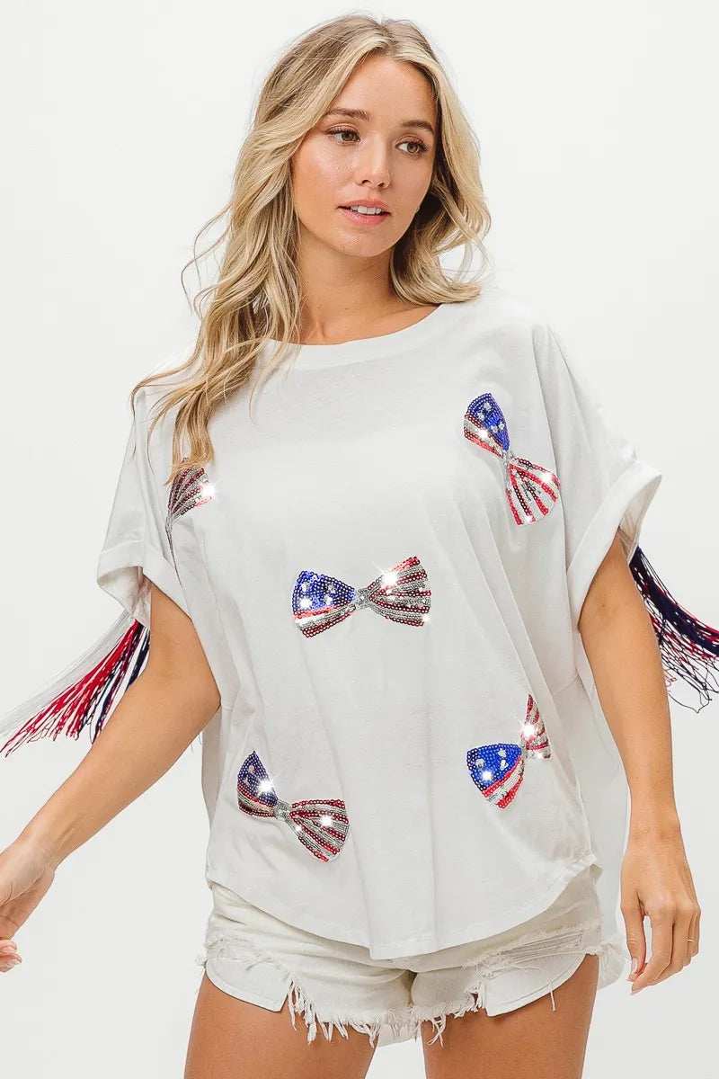 BiBi American Flag Sequin Ribbon T-Shirt - Trendsi - Flyclothing LLC