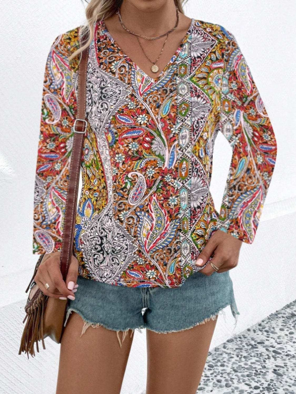 Printed V-Neck Long Sleeve Blouse - Trendsi - Flyclothing LLC