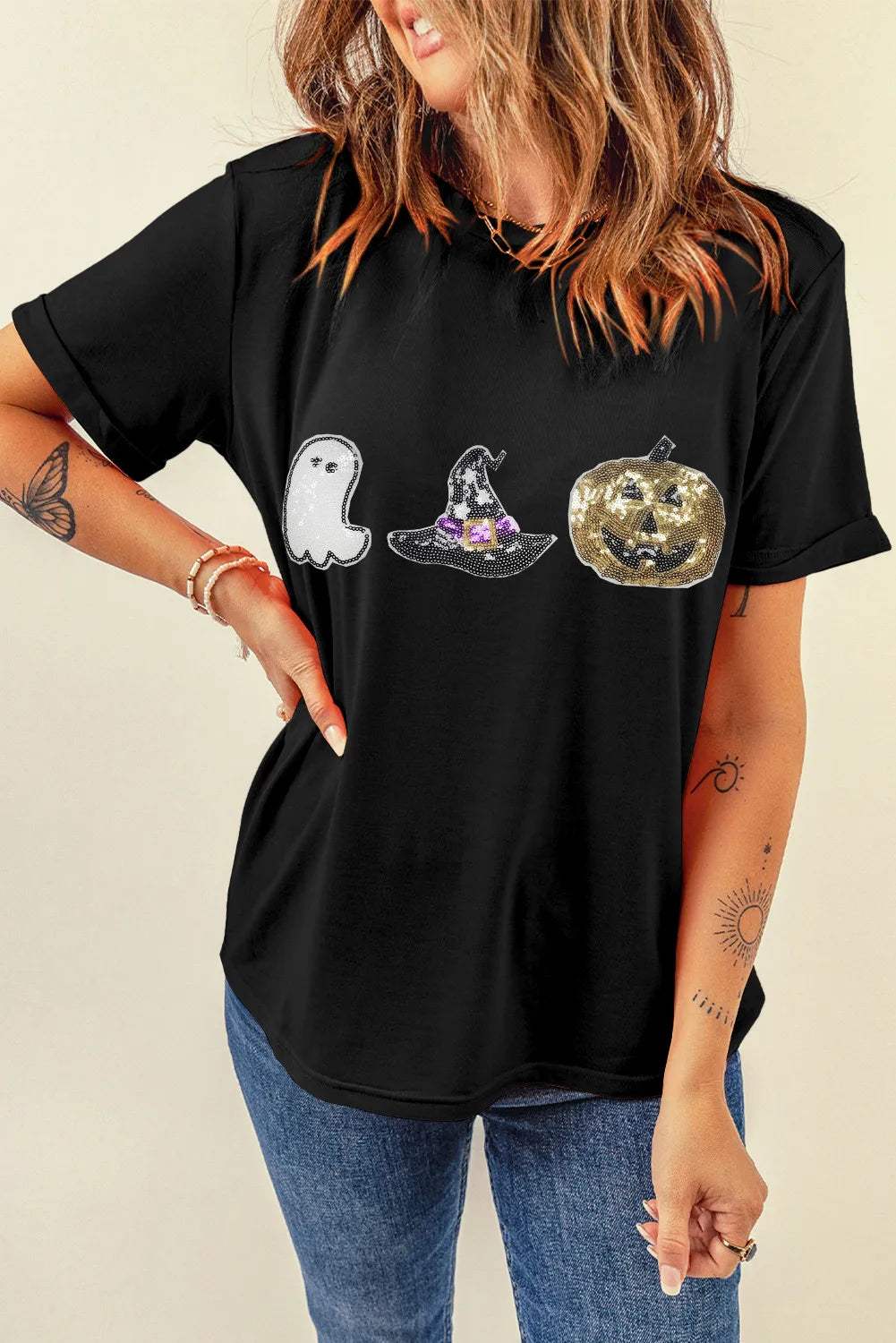 Sequin Round Neck Short Sleeve T-Shirt - Trendsi - Flyclothing LLC