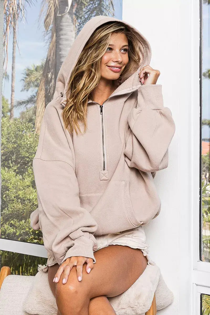 BiBi Stitch Detailed Elastic Hem Half Zip Fleece Hoodie - Trendsi - Flyclothing LLC