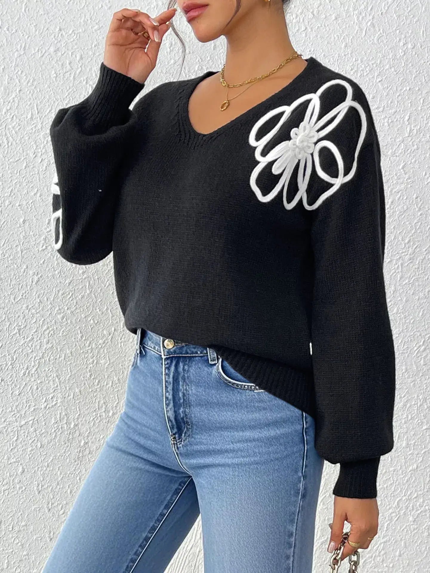 Flower V-Neck Long Sleeve Sweater - Trendsi - Flyclothing LLC