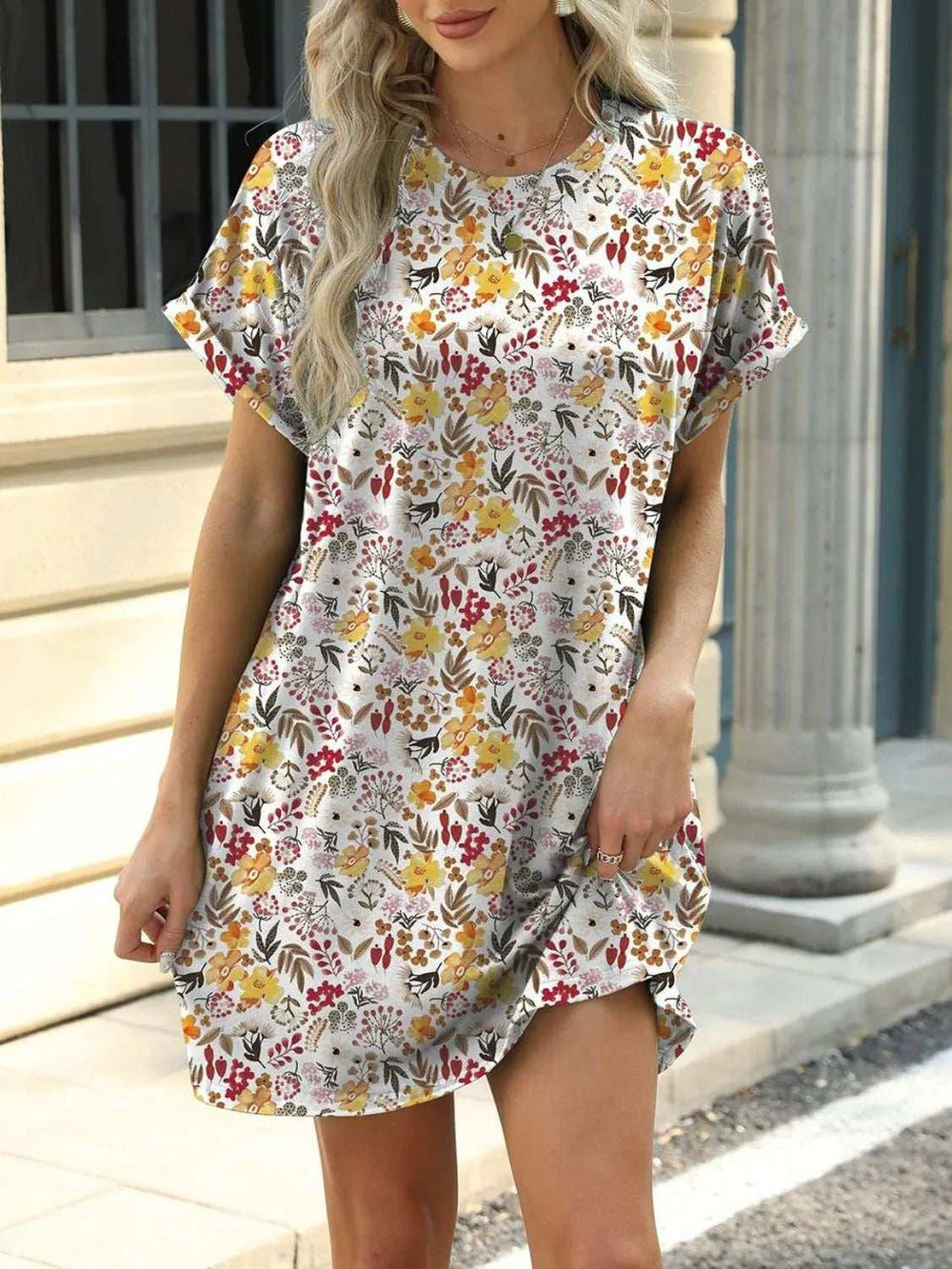 Printed Round Neck Short Sleeve Mini Dress - Trendsi - Flyclothing LLC