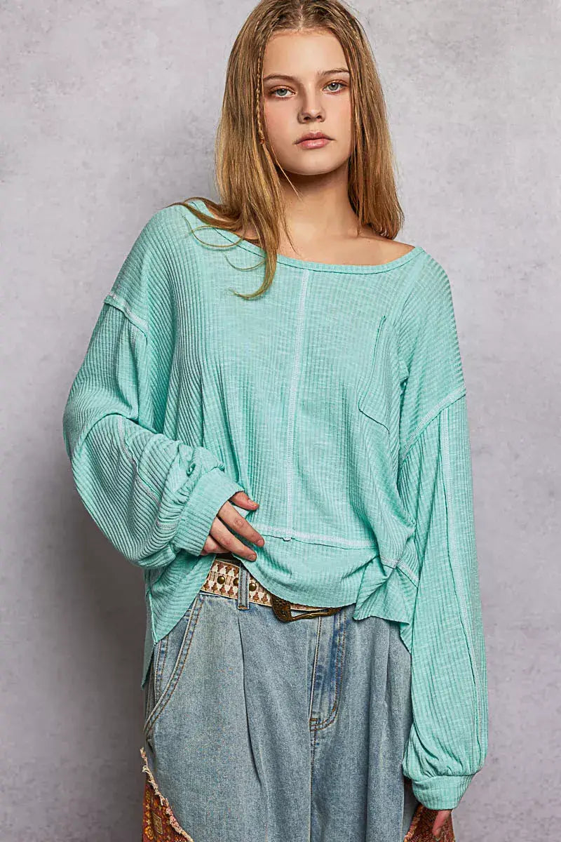 POL Round Neck Long Sleeve Exposed Seam Top with Chest Pocket - Trendsi - Flyclothing LLC