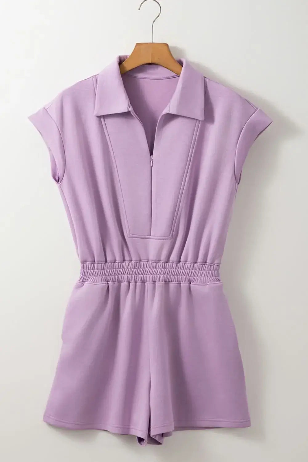 Short Sleeve Zipper Collared Elastic High Waist Romper - Trendsi - Flyclothing LLC