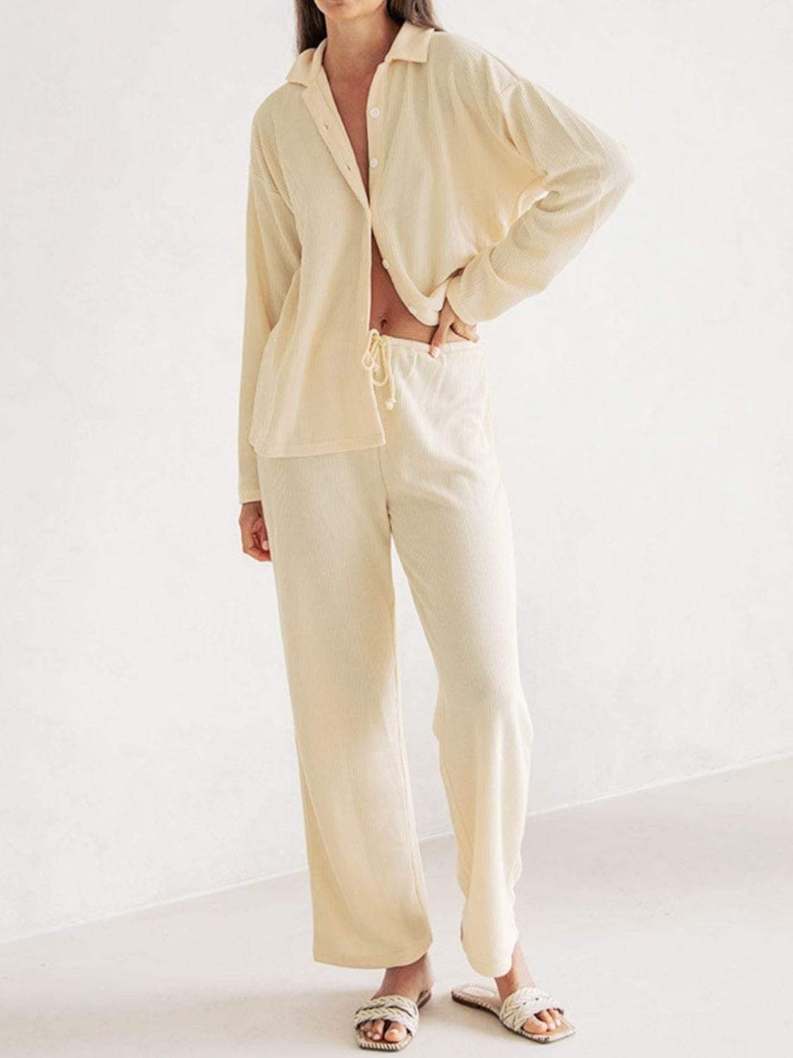 Collared Neck Long Sleeve Top and Drawstring Pants Set - Trendsi - Flyclothing LLC