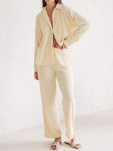Collared Neck Long Sleeve Top and Drawstring Pants Set - Trendsi - Flyclothing LLC