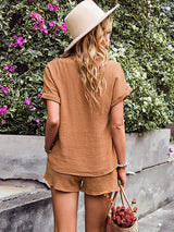 Notched Short Sleeve Top and Shorts Set - Trendsi - Flyclothing LLC