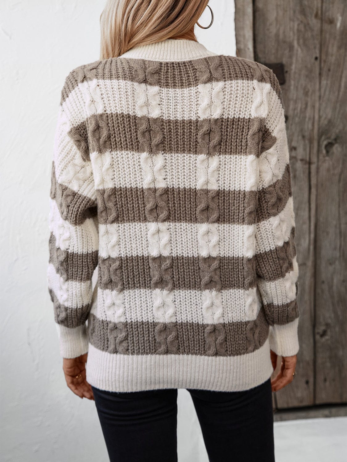 Striped Round Neck Long Sleeve Sweater - Trendsi