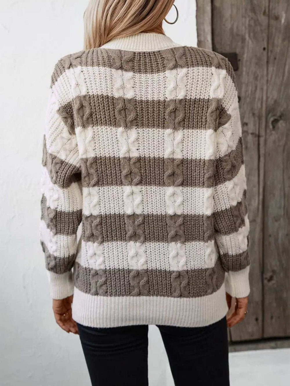 Striped Round Neck Long Sleeve Sweater - Trendsi - Flyclothing LLC