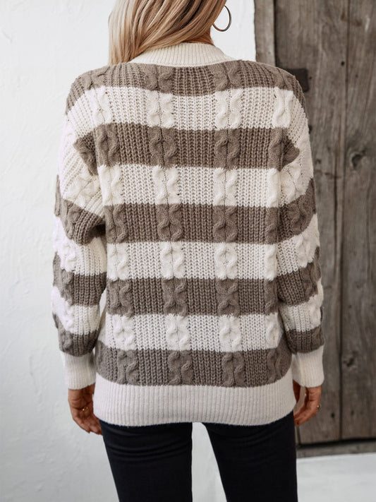Striped Round Neck Long Sleeve Sweater - Trendsi