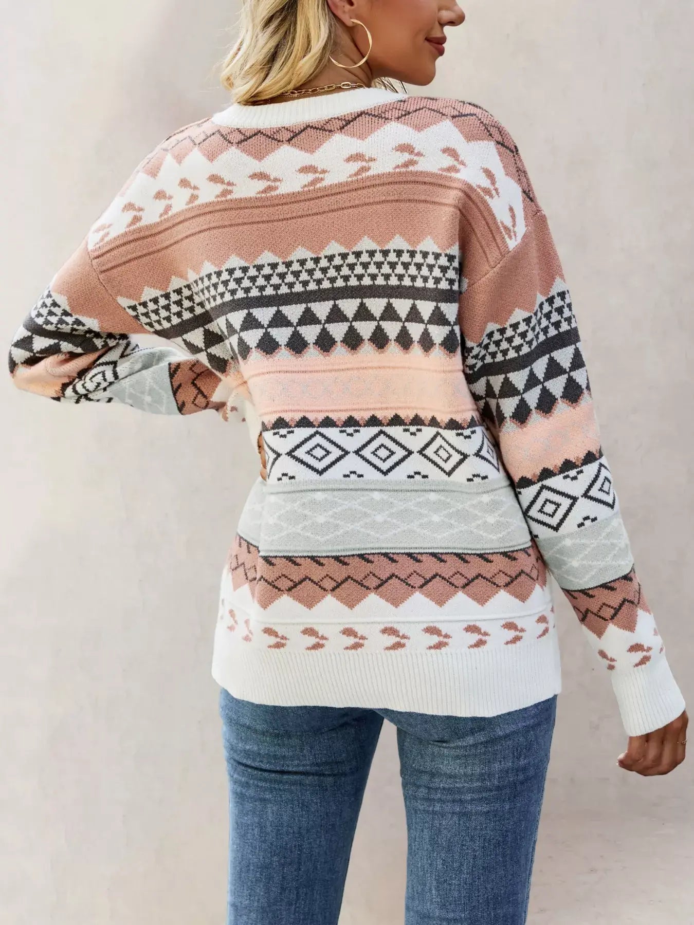 Geometric Pattern Round Neck Sweater - Trendsi - Flyclothing LLC