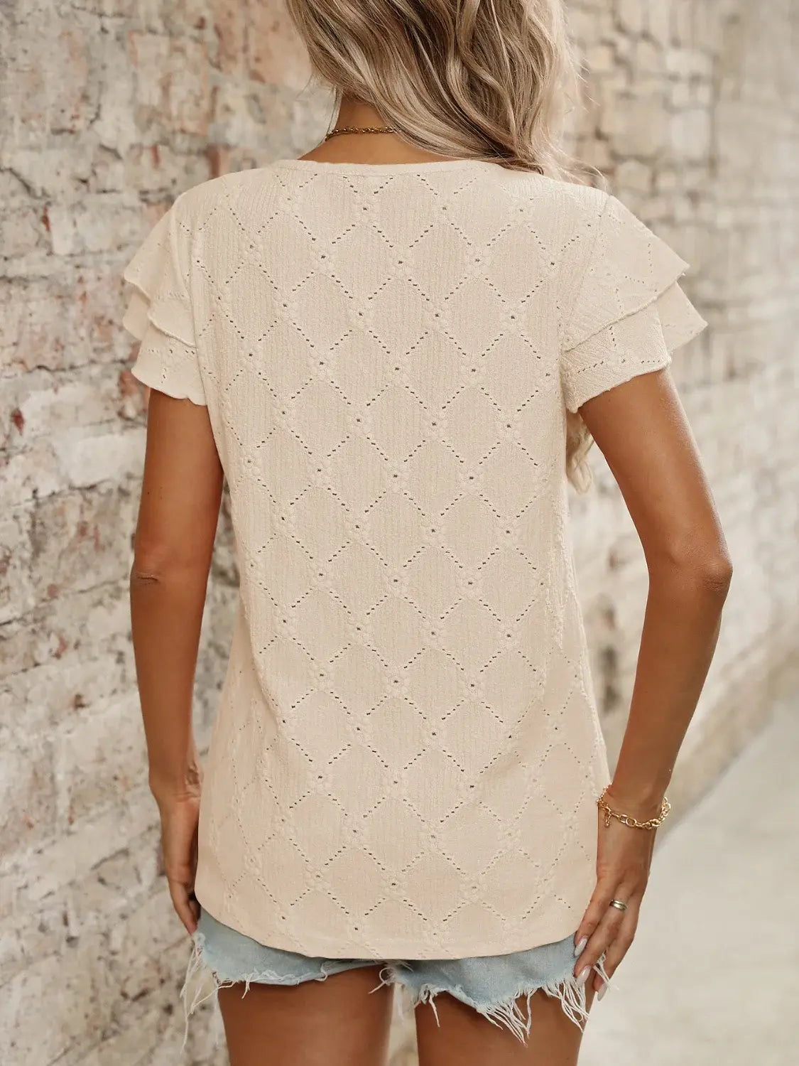 Eyelet Round Neck Double Layered Ruffled Short Sleeve Top - Trendsi - Flyclothing LLC