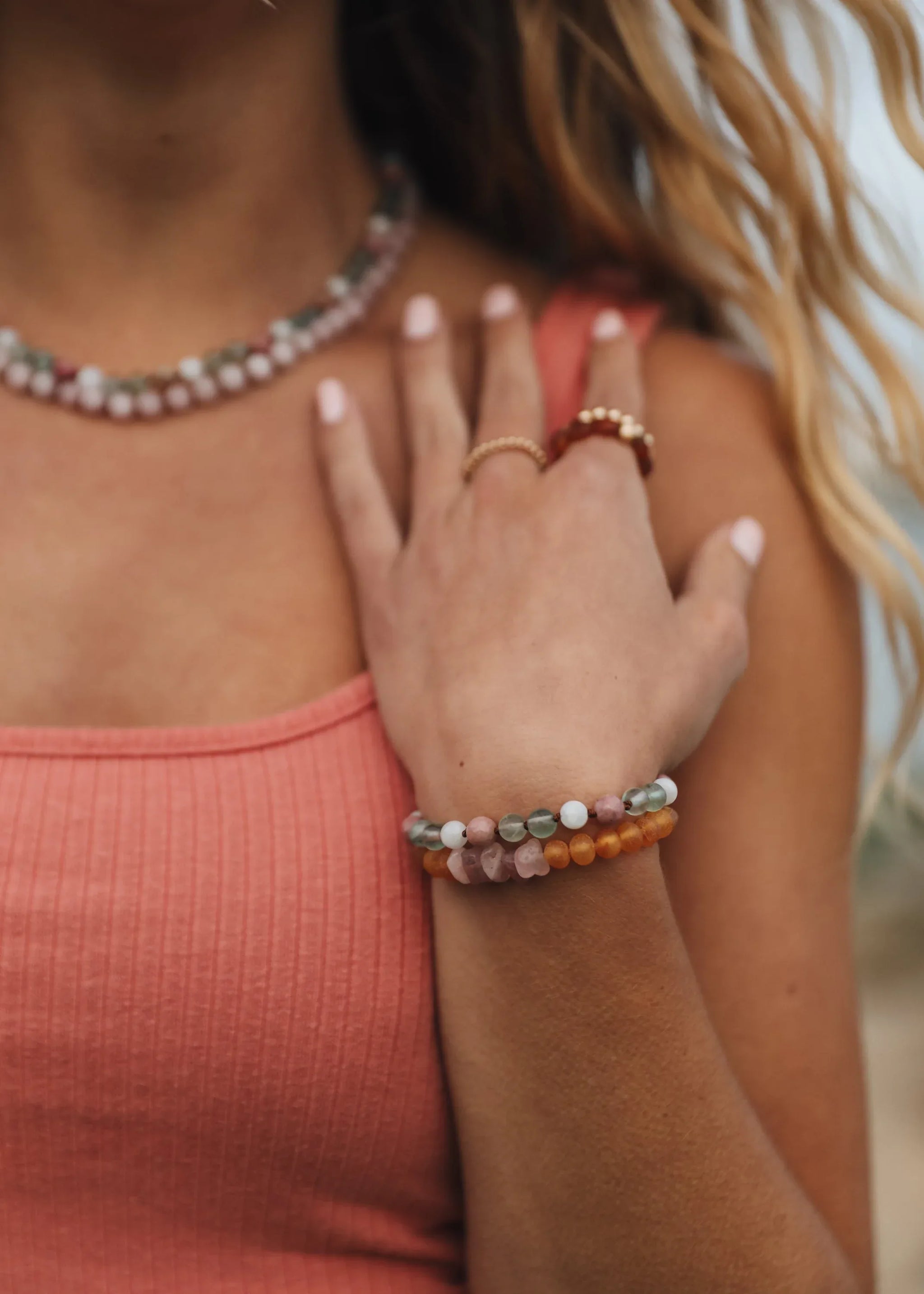 Fluorite + Moonstone + Rhodonite || Natural Gemstone Necklace - CanyonLeaf - Flyclothing LLC