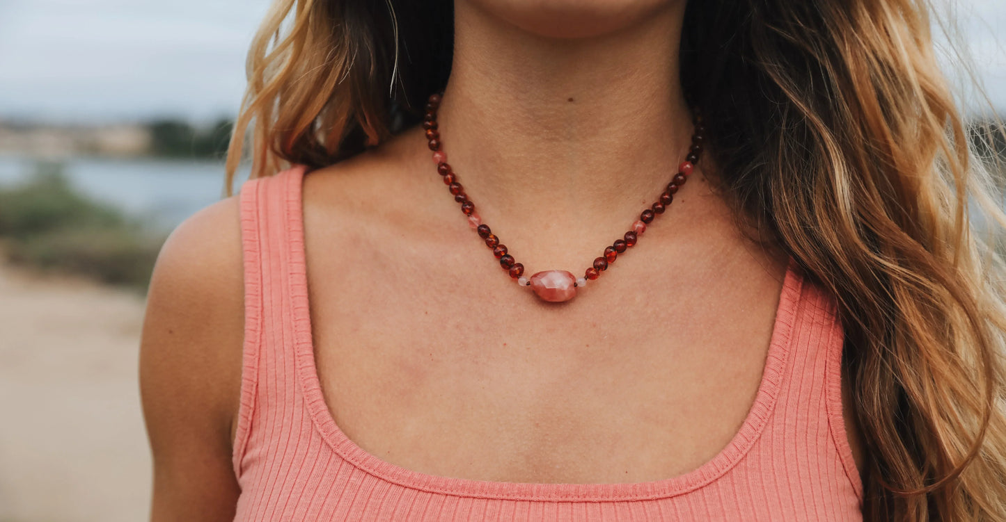 Cognac Baltic Sea Amber || Cherry + Rose Quartz || Necklace Set - CanyonLeaf - Flyclothing LLC