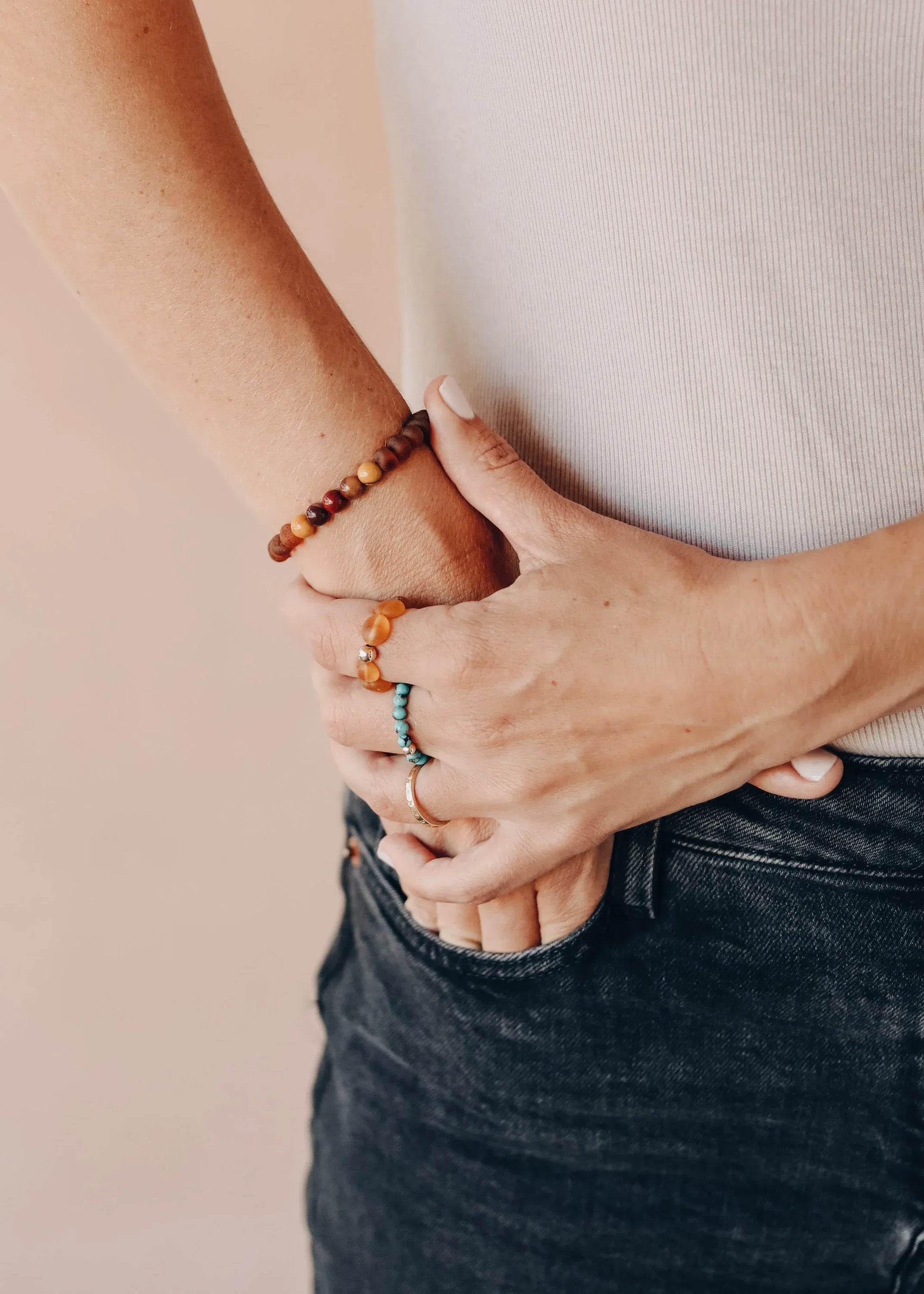 Raw Cognac Baltic Amber + Mookaite Jasper || Adult Stretch Bracelet - CanyonLeaf - Flyclothing LLC