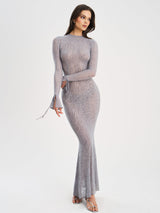 Waylynn Gray Animal Print Burnout Velvet Detail Mesh Backless Maxi Dress