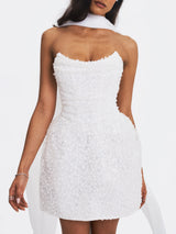 Tressa White Beaded Mesh Strapless Mini Wedding Dress - Miss Circle - Flyclothing LLC