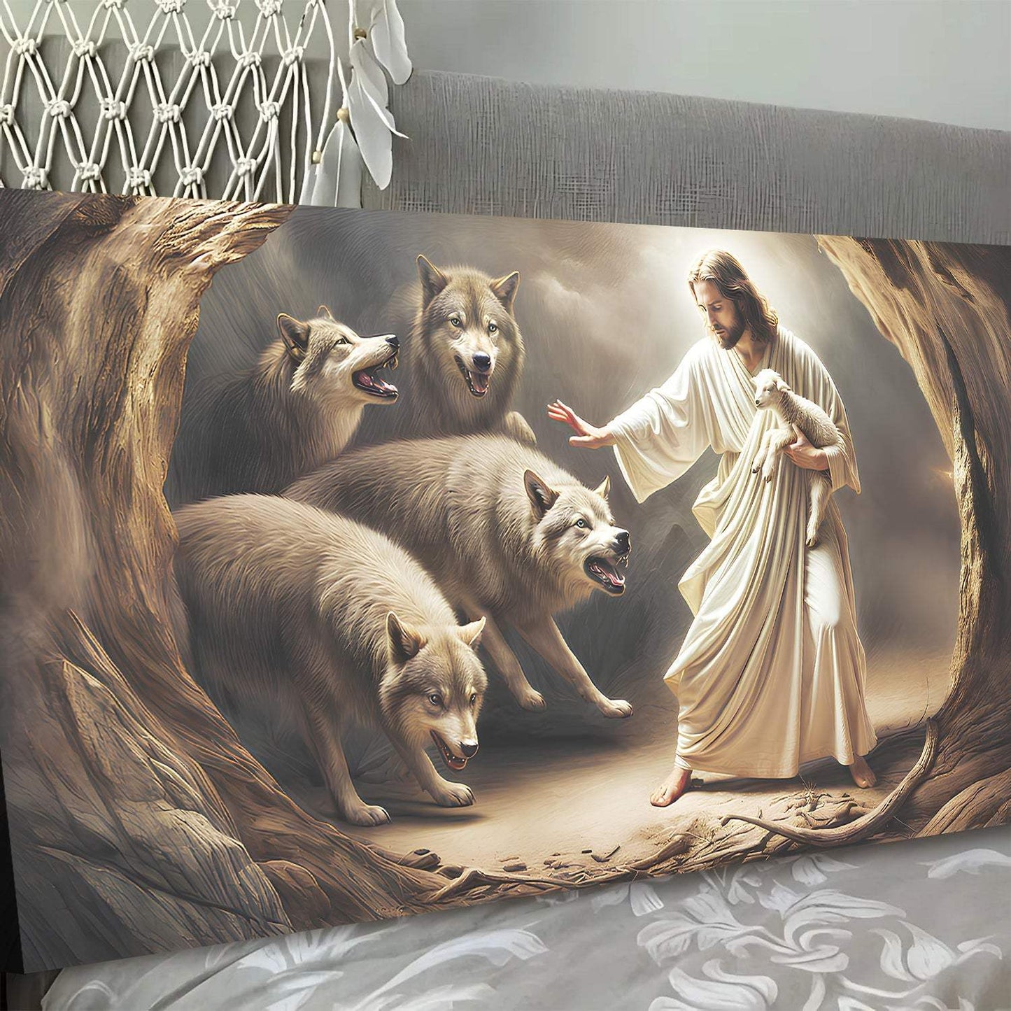 Jesus Protects The Lamb From Wolves Faith Wall Art III - Tailored Canvases - Flyclothing LLC