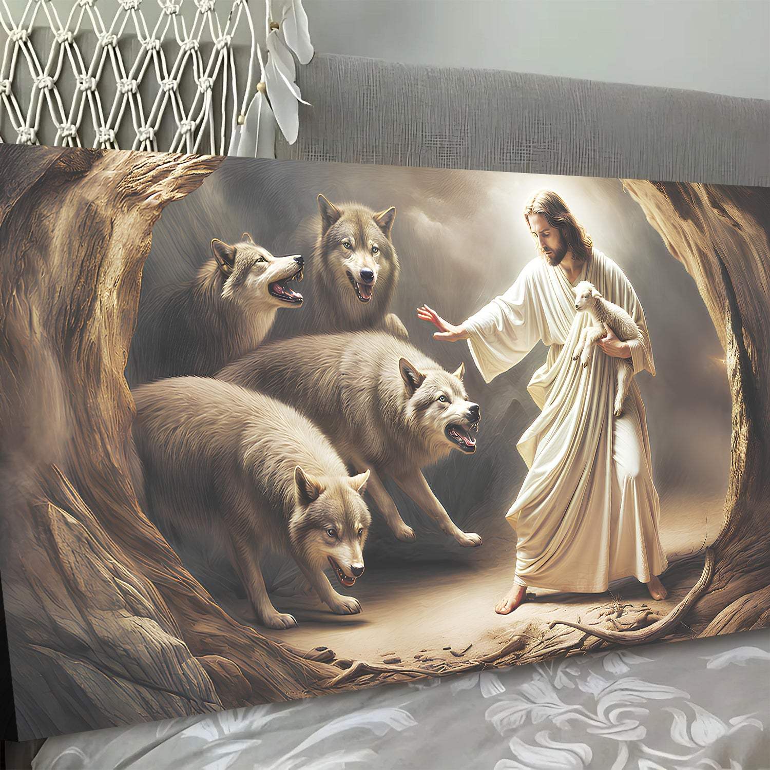 Jesus Protects The Lamb From Wolves Faith Wall Art III - Tailored Canvases - Flyclothing LLC