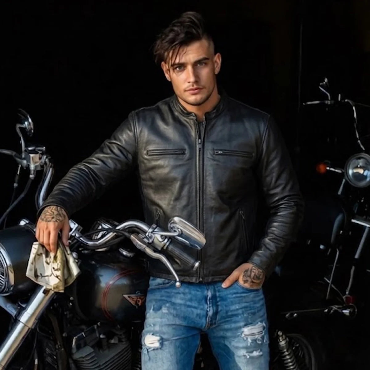 Black Iron - Men's Motorcycle Leather Jacket - Unik Just for Bikers - Flyclothing LLC