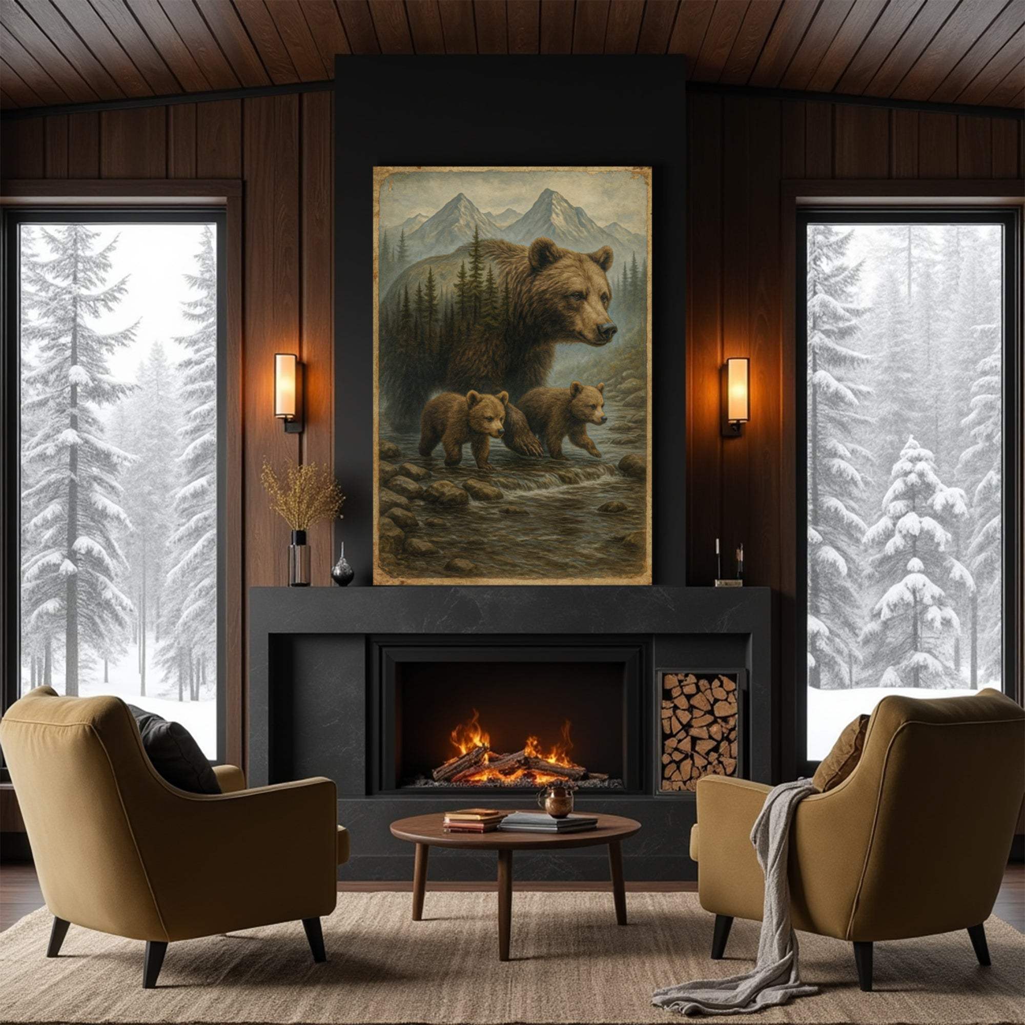 Mother Bear and Cubs Crossing Double Exposure Wall Art - Tailored Canvases - Flyclothing LLC