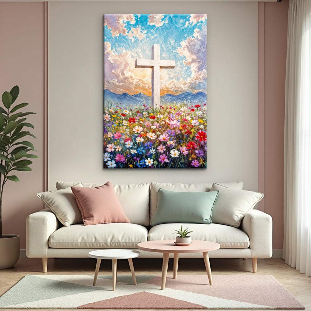 Cross Floral Field Faith Wall Art II - Tailored Canvases - Flyclothing LLC
