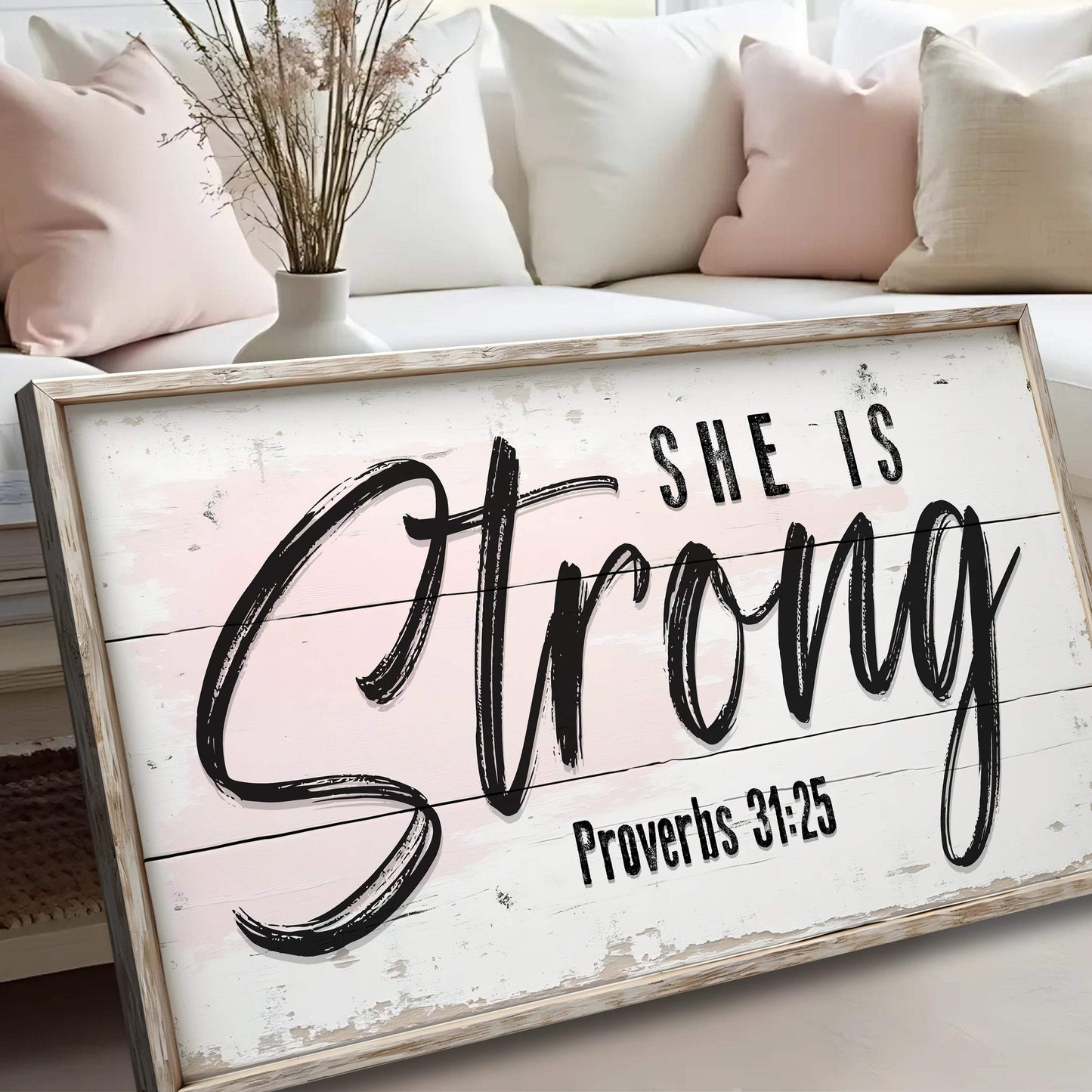 She Is Strong Proverbs 31:25 Faith Sign - Tailored Canvases - Flyclothing LLC