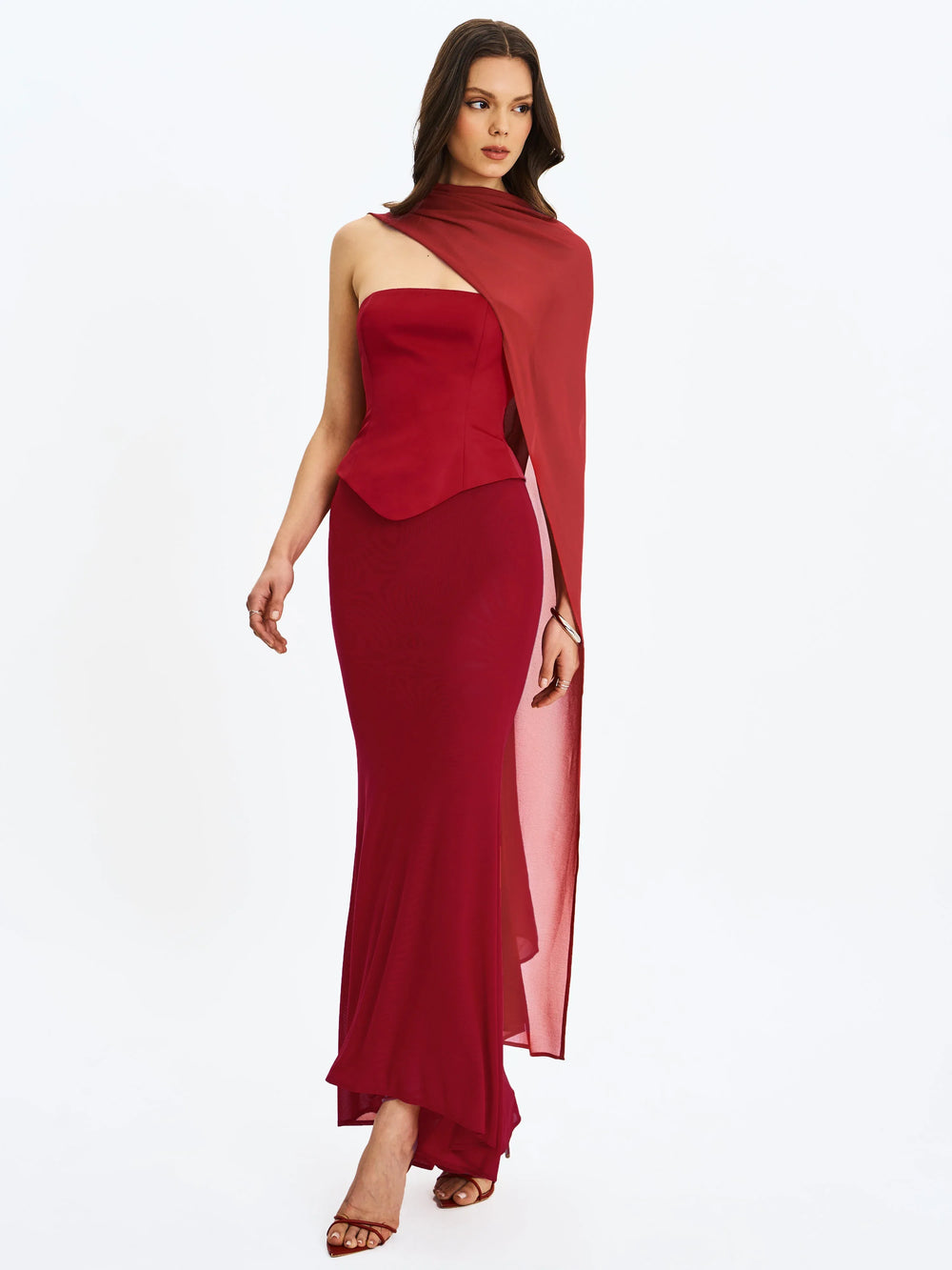 Giselle Crimson Peplum Mermaid Gown with Chiffon Scarf - Miss Circle - Flyclothing LLC