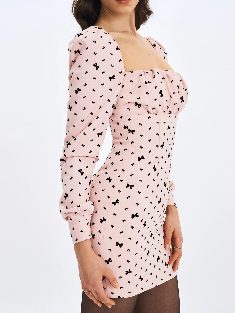 Perla Baby Pink Ruched Bust Velvet-Embossed Bow Mini Dress - Miss Circle - Flyclothing LLC