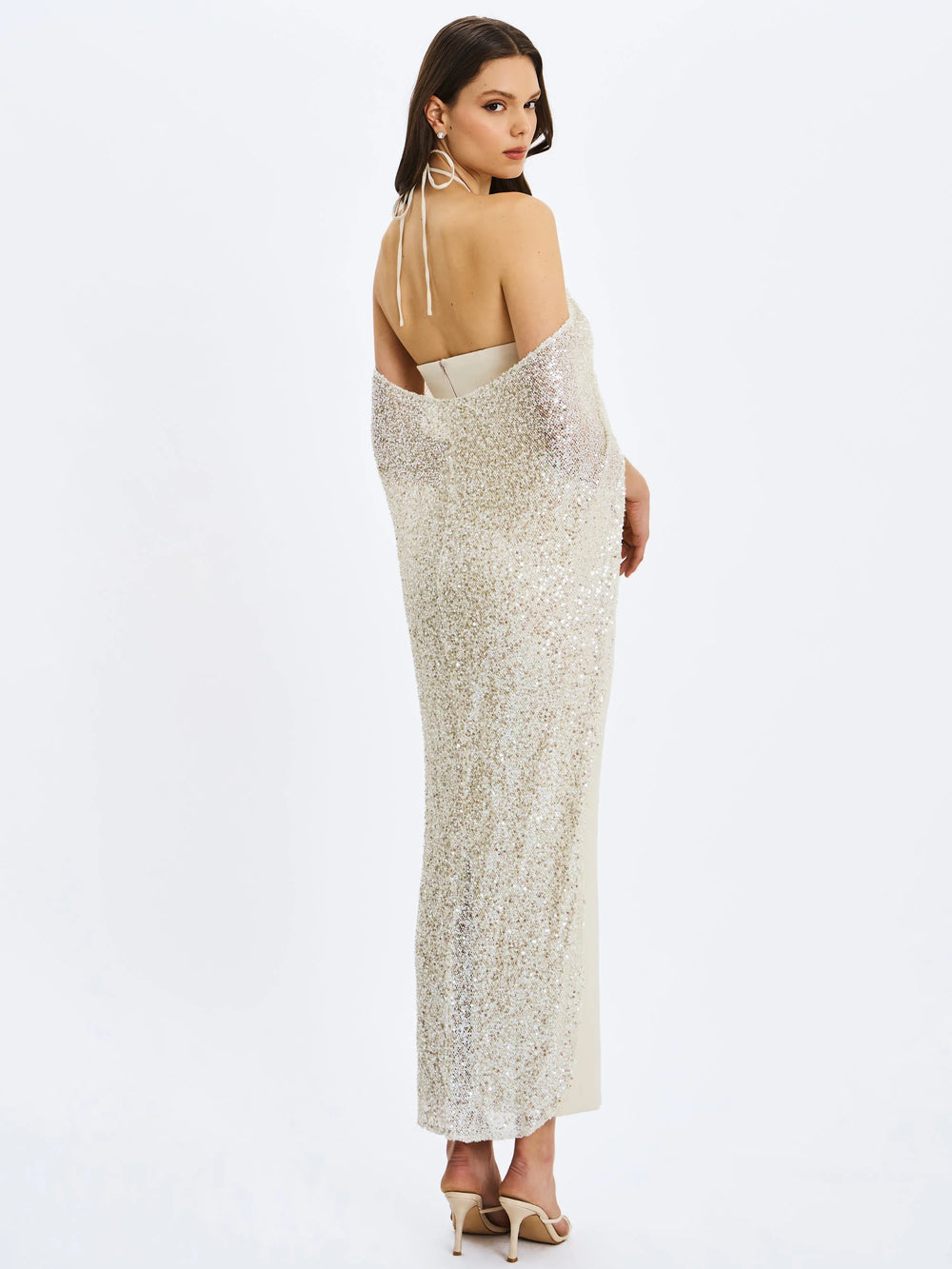 Quimera Almond Beaded Cape Halter Off-Shoulder Maxi Gown - Miss Circle - Flyclothing LLC