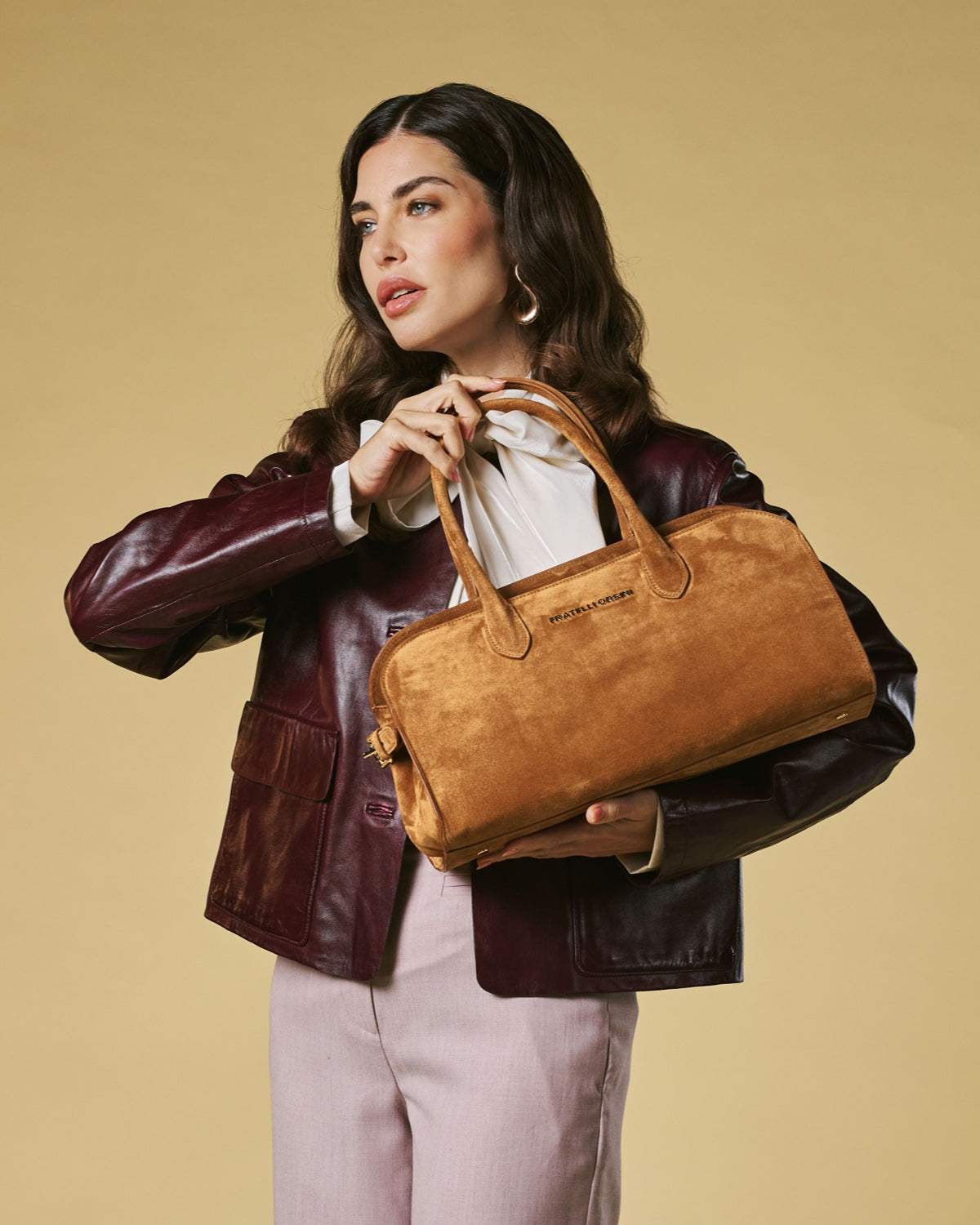 Chiara (cognac) - Italian calf suede women's handbag (with shoulder strap)