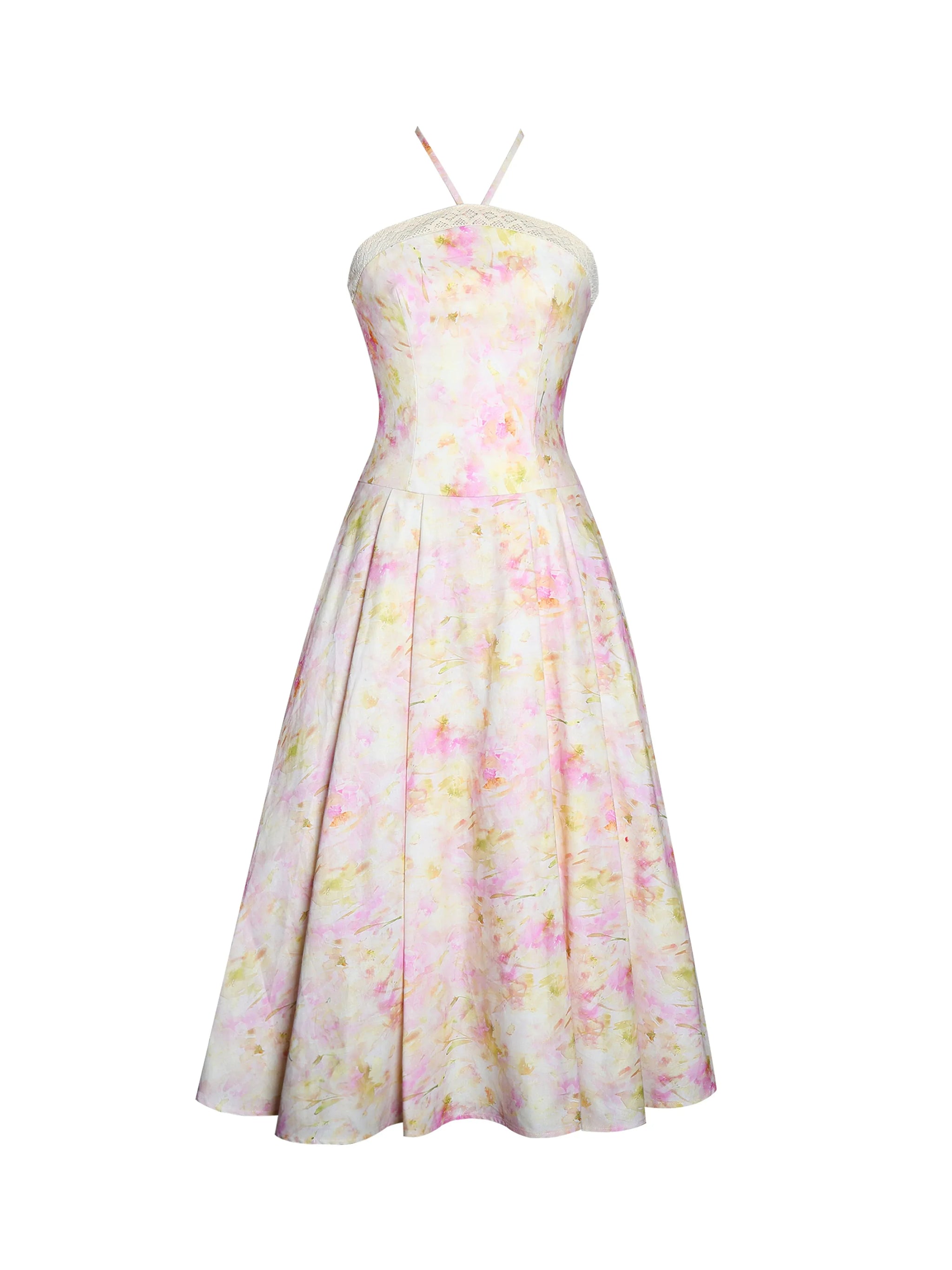 Zaina Yellow Pink Floral Print Lace Trim Linen Midi Dress - Miss Circle - Flyclothing LLC