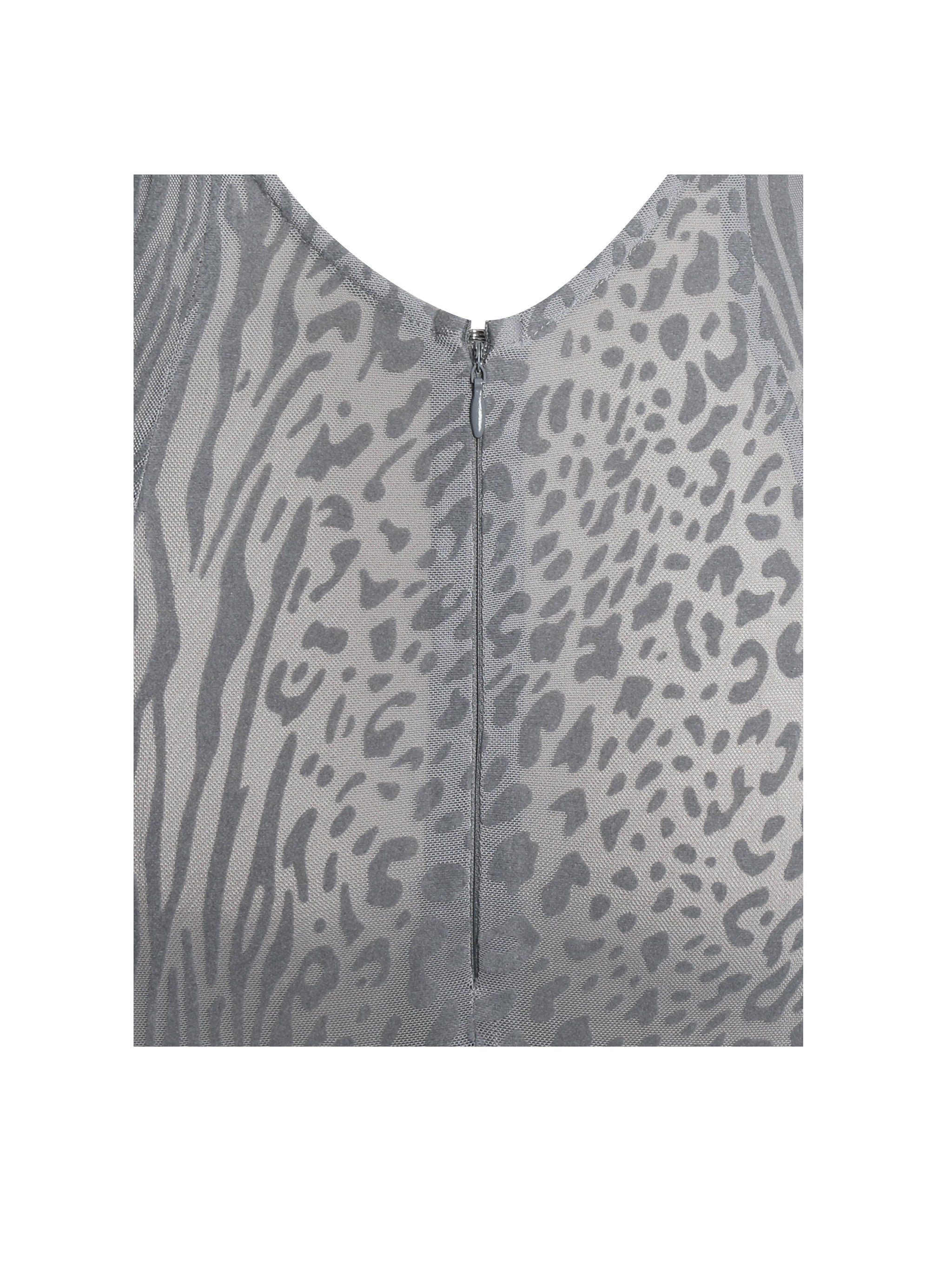 Waylynn Gray Animal Print Burnout Velvet Detail Mesh Backless Maxi Dress