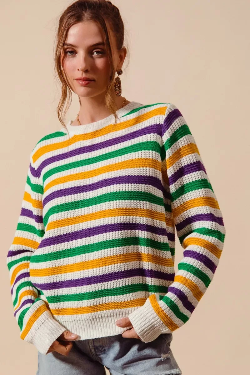 SO ME Mardi Gras Color Stripe Knit Sweater Top - Trendsi - Flyclothing LLC