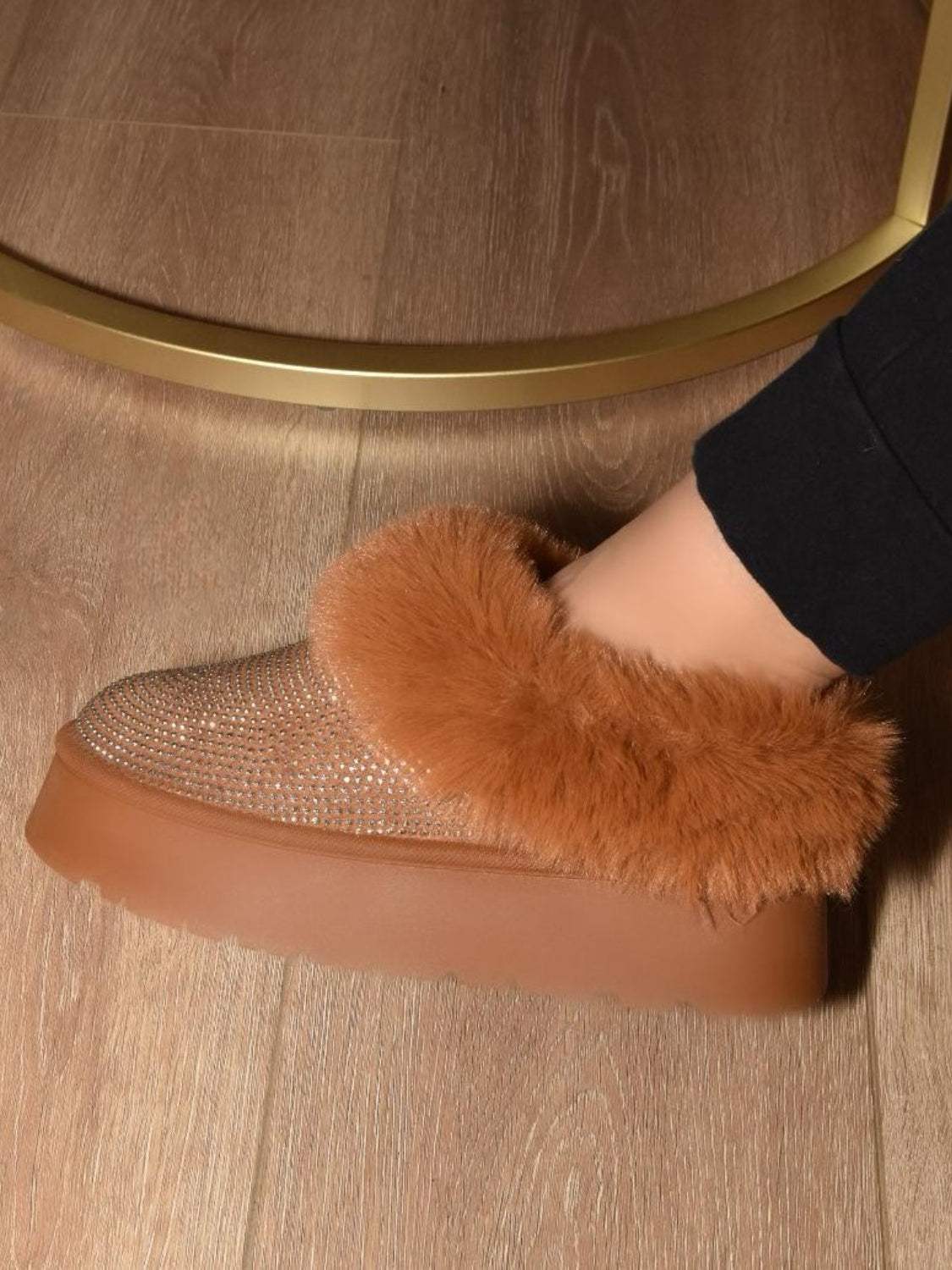 WILD DIVA Embellished Faux Fur Platform Booties - Trendsi - Flyclothing LLC