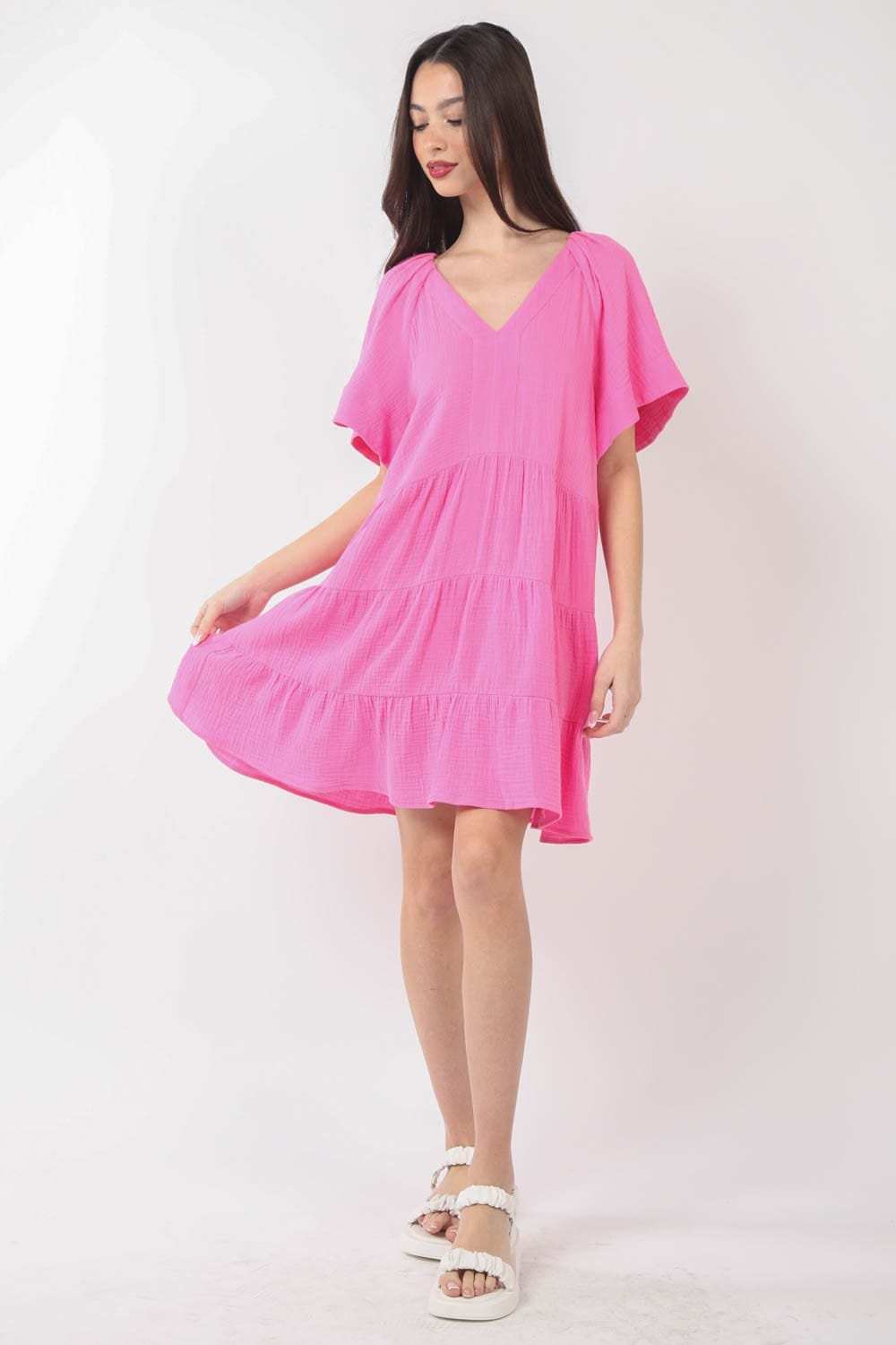 VERY J Texture V-Neck Ruffled Tiered Dress - Trendsi - Flyclothing LLC