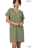 Zenana Brushed Dty Rolled Short Sleeve V-Neck Dress - Trendsi - Flyclothing LLC